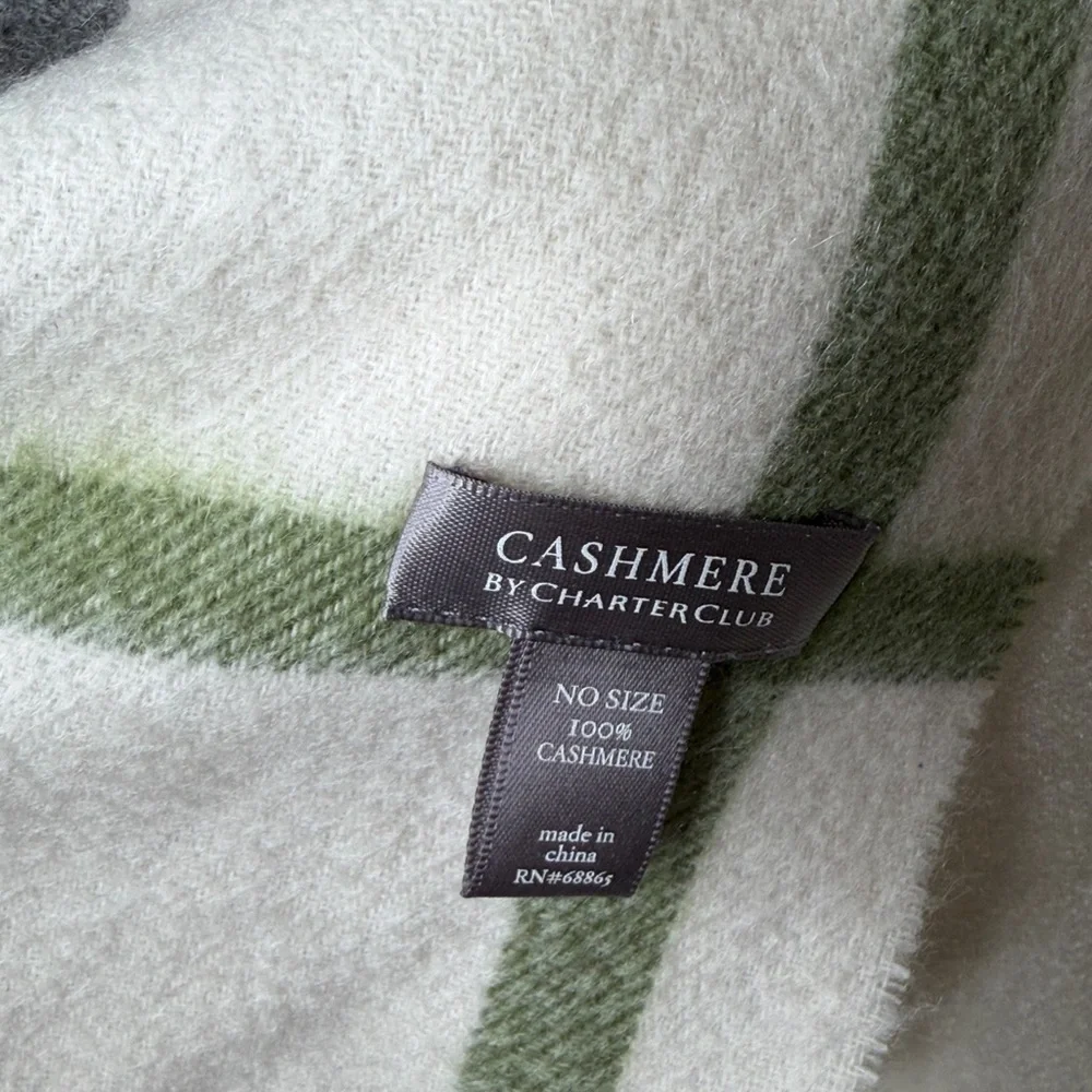 Charter Club Cashmere Green and White Plaid cashmere Scarf